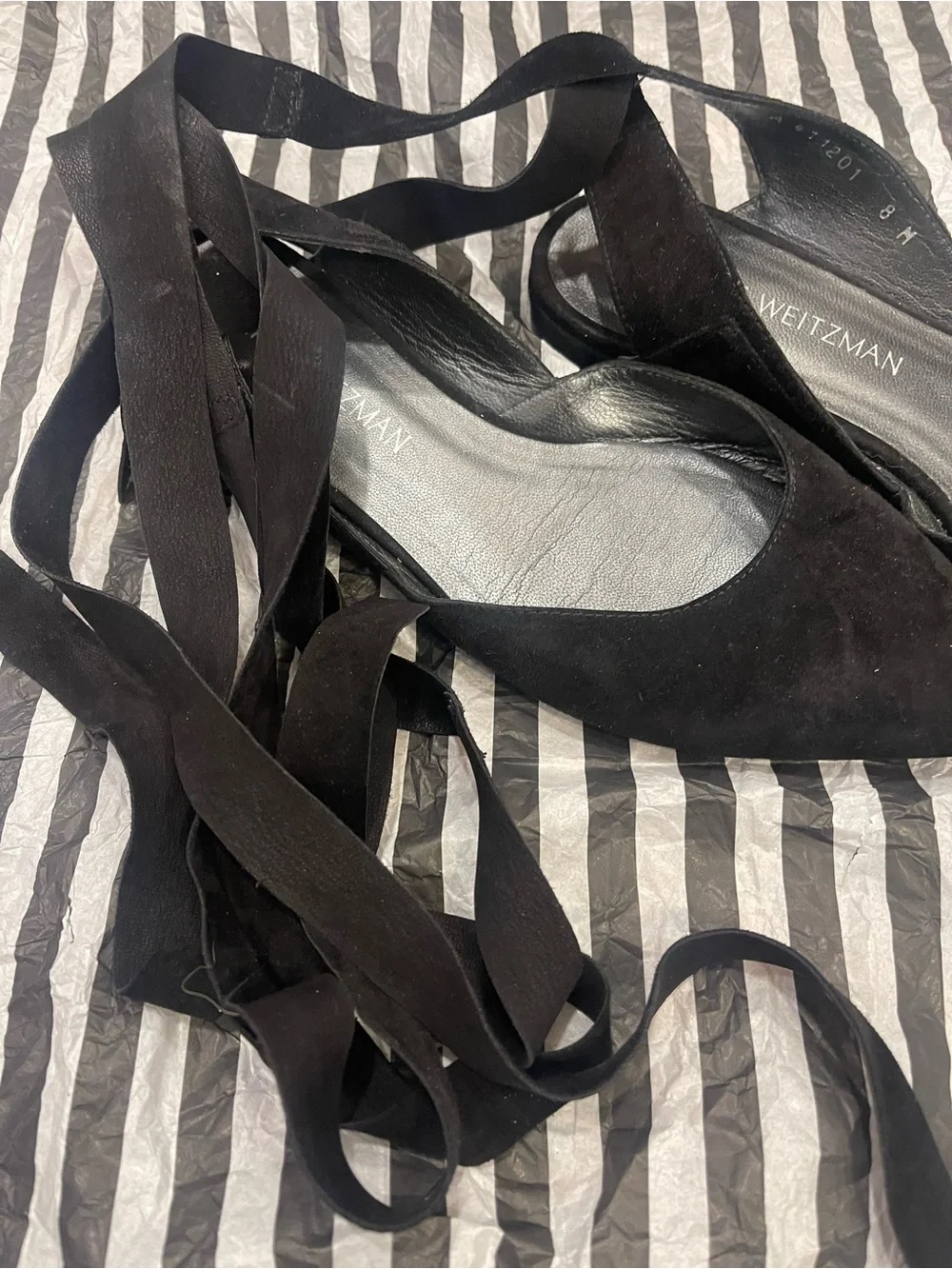 Stuart Weitzman Black Suede Pointed Tie-Back Flats with Ankle Ribbons - Picture 4 of 10